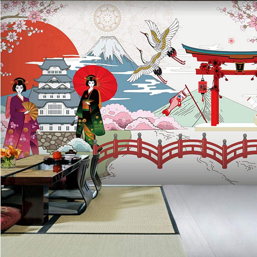 Smydp naklejki ścienne malowidła 3D japońscy pielgrzymi Retro nostalgiczna restauracja bez szwu Mural gotowanie Sushi obuwie klubowe, 120X100 cm Tapeta HD