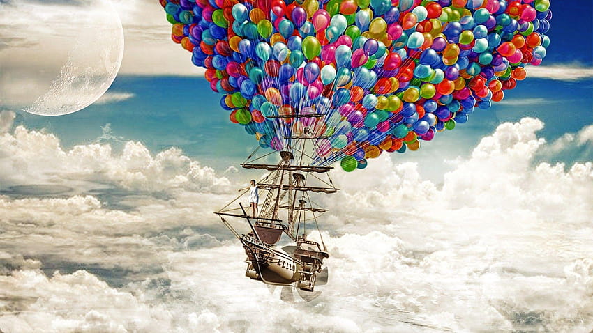 Ship Sail Ship Schooner Balloons Clouds Moon balloon fantasy HD wallpaper