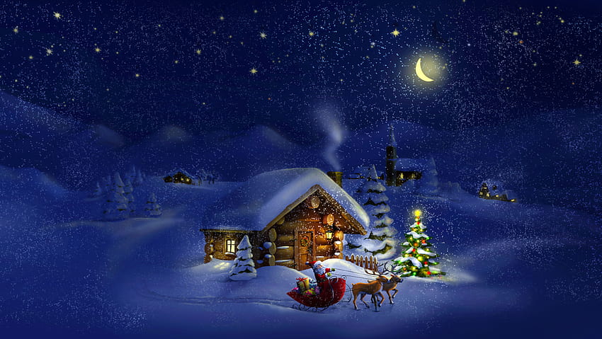 Noche mágica de nieve navideña, luna mágica de invierno. fondo de pantalla