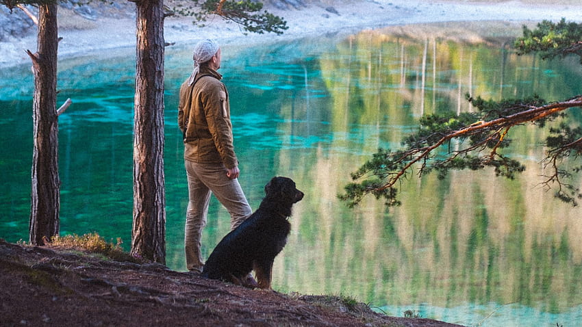 Man Is Standing With Dog Near Lake Alone, man with dog HD wallpaper