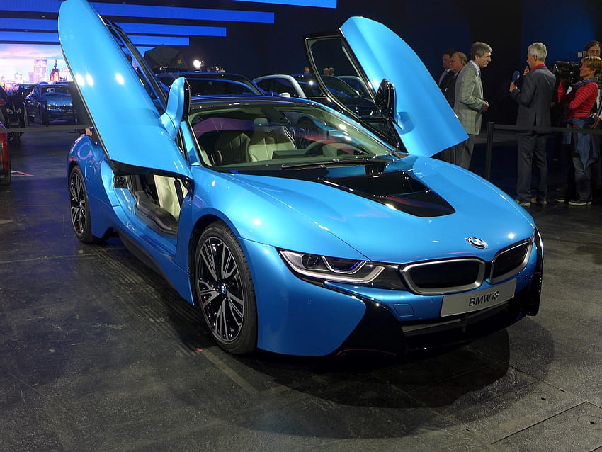 Carro de luxo de dois lugares BMW i8 azul protônico com porta aberta, porta do carro papel de parede HD