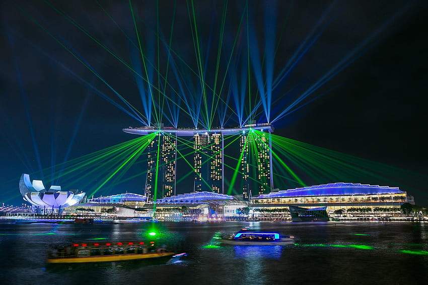 Сингапур, Марина Бей Сандс, отблясъци, Марина Бей, нощ, лазерно шоу HD тапет