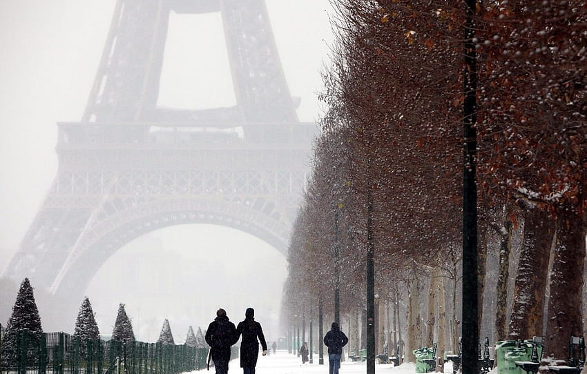City, Paris, trees, France, winter, snow, street, people, romantic ...