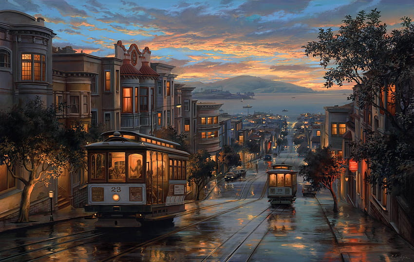 Трамваи в Сан Франциско в дъждовна нощ Пълни и дъжд през нощта HD тапет