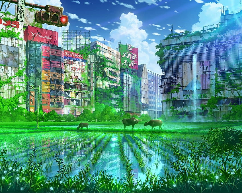 1280x1024 Apocalipsis de anime, Ruinas, Verde, Toro, Escénico, Edificios, paisaje de anime verde fondo de pantalla