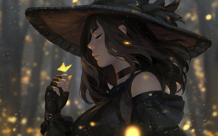 Closed Eyes, Spell, Magic, Brown Hair, Anime Witch Girl, Profile View HD wallpaper