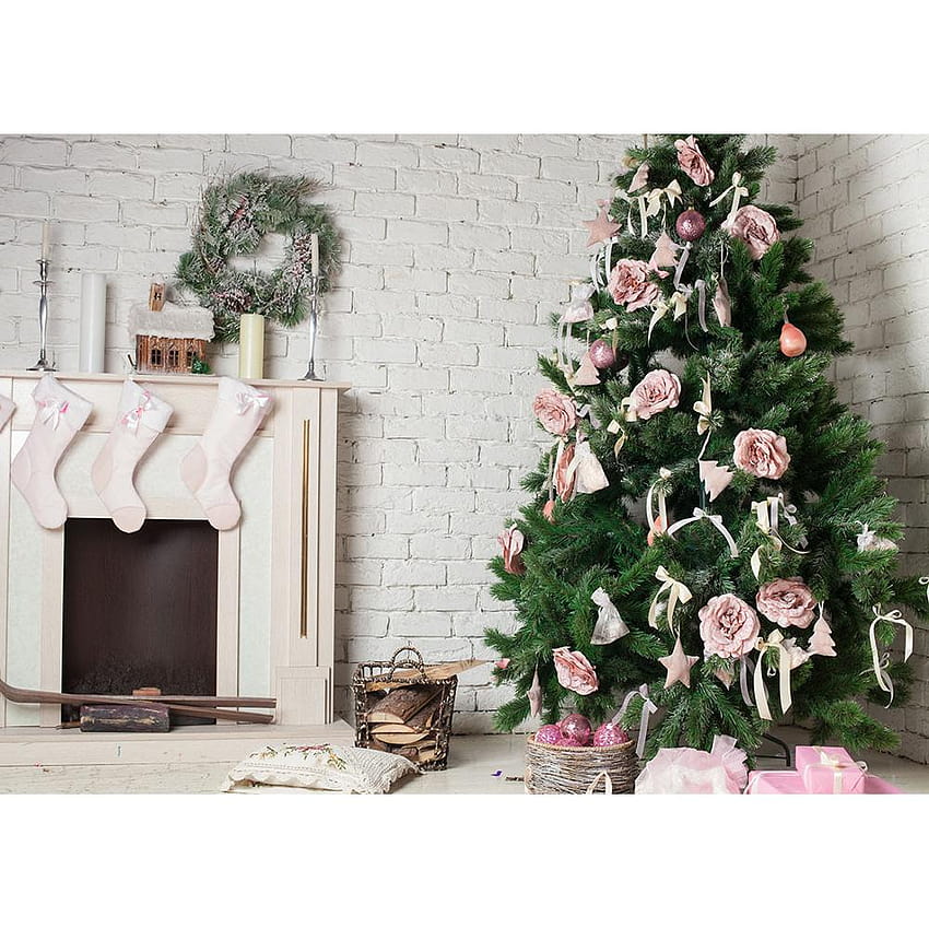 Decorações para árvores de Natal Flores cor-de-rosa Fundos de parede de tijolos brancos Cenário personalizado para bebês, crianças, telefone da família Papel de parede de celular HD