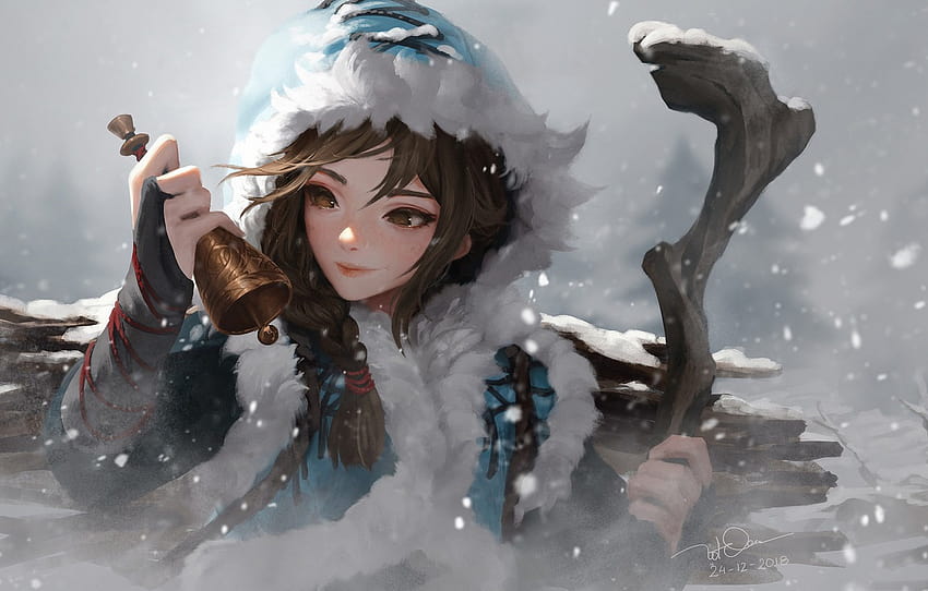 winter, snow, Blizzard, bell, snow, Knife Le In, artyu anime , section арт, winter snow anime HD wallpaper