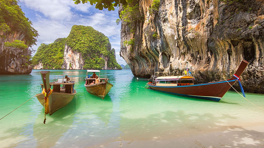 Thailand Krabi Cliff Nature Tropics Bay Boats 1920x1080 HD wallpaper