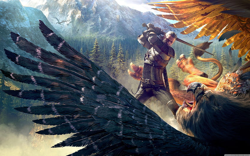 The Witcher 3 Wild Hunt Geralt and a Griffin HD wallpaper