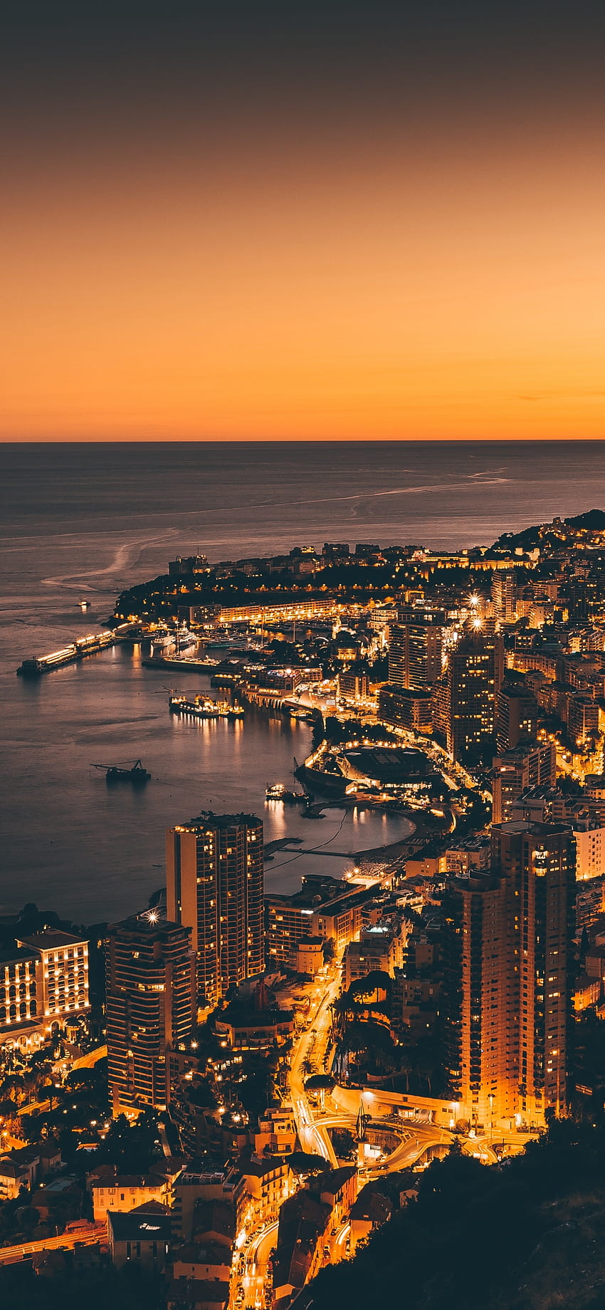 Монте Карло, Залез, Зората, Градски пейзаж, Пристанище, Градски светлини, Свят, Монако iphone HD тапет за телефон