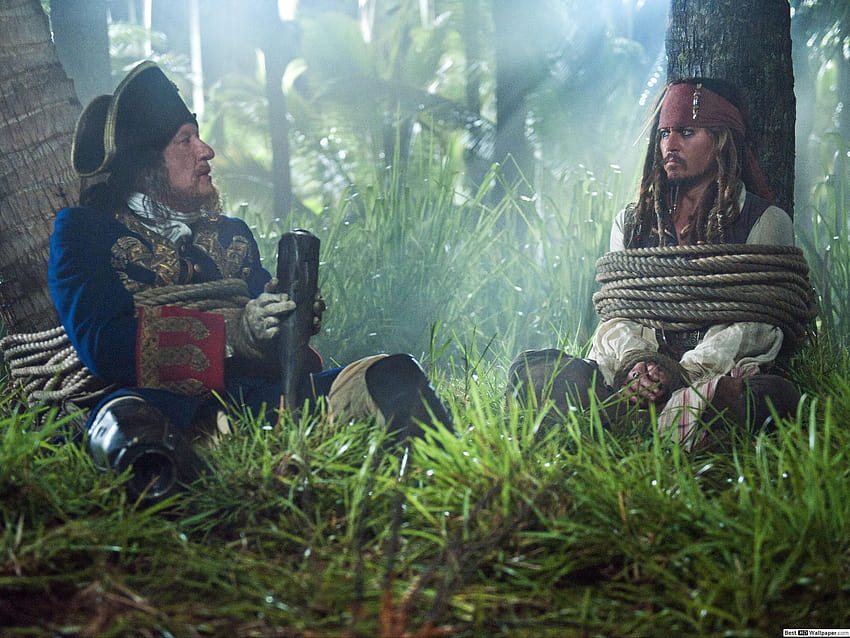 Captain Barbossa and Jack Sparrow tied up in a tree HD wallpaper