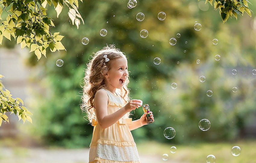summer, leaves, joy, branches, nature, the game, laughter, bubbles, girl, child, A Diakov George , section настроения, joy of summer HD wallpaper