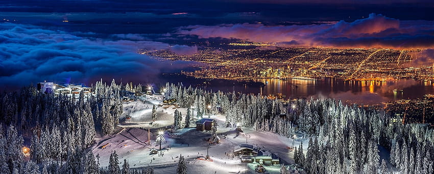 nature, Landscape, Panoramas, Cityscape, Vancouver, Lights, Winter, Snow, Forest, Night, Skis, Clouds, Ports / and Mobile Backgrounds, cityscape winter HD wallpaper