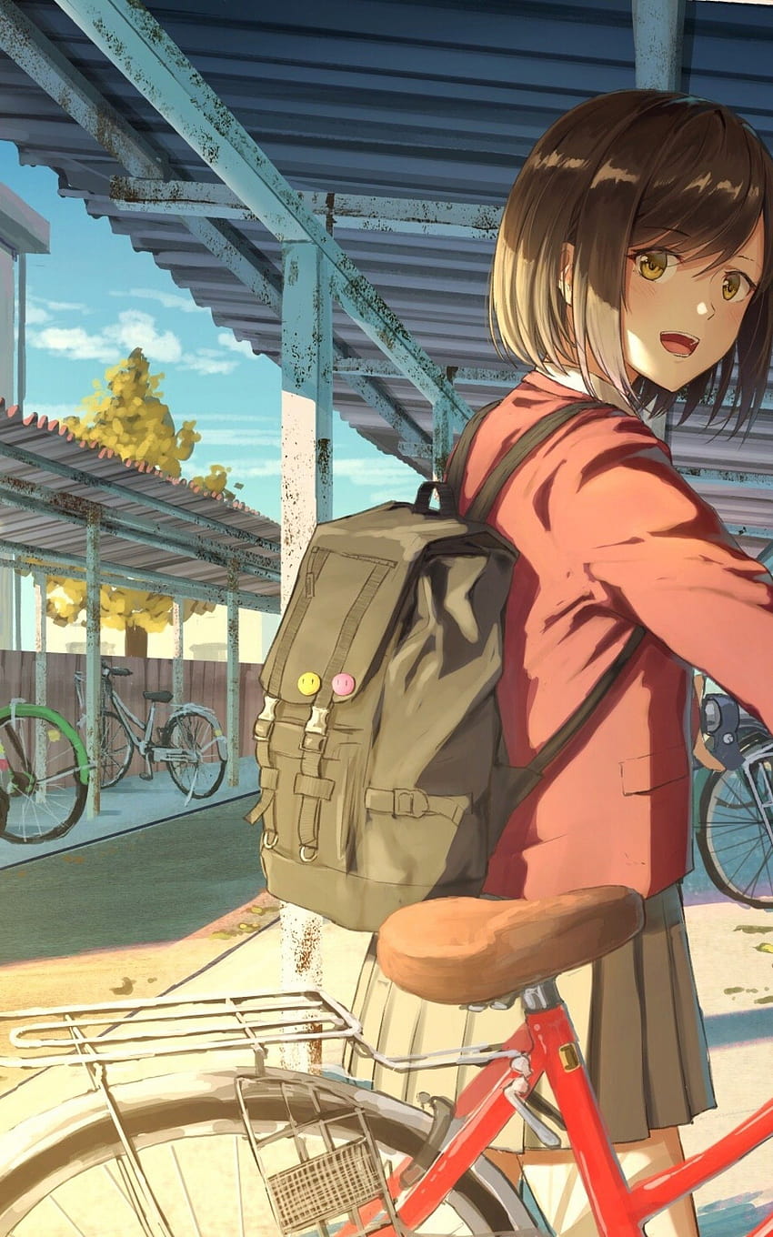 1600x2560 Anime Girl, School Uniform, Bicycle, Back Bag, anime girls with school bag HD phone wallpaper