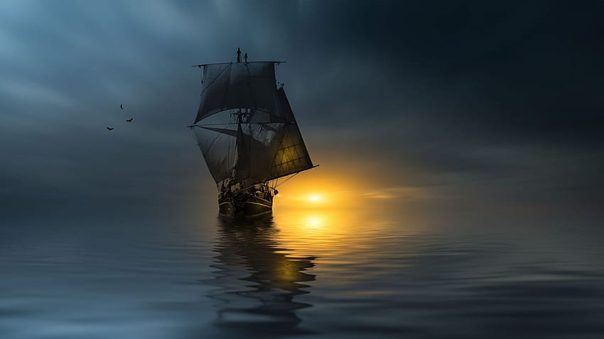 Sztuka pracy morze chmury retro statek żaglówka piękne szare tła, grafika żaglówka Tapeta HD