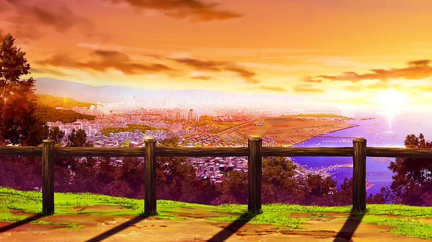Gensou no idea city game cg gensou no idea landscape scenic sunset, city landscape sunset HD wallpaper