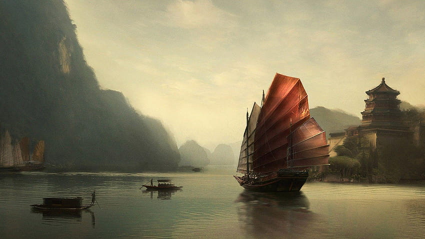 Chinese boat, chinese art HD wallpaper