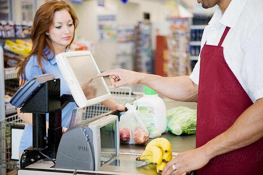 Supermarket: Cashier Ringing Up Purchase by Sean Locke HD wallpaper
