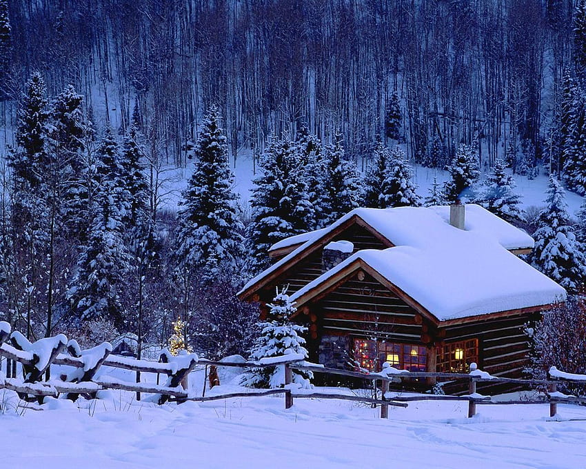 冬の風景、冬のキャビンのクリスマス 高画質の壁紙