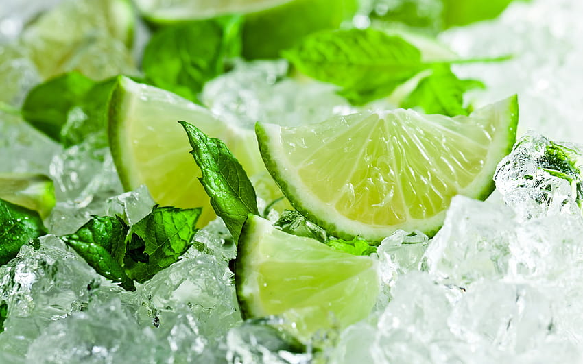 lime con menta, lime su ghiaccio, limone verde, lime, concetti di freschezza con risoluzione 2880x1800. Alta qualità, verde limone Sfondo HD