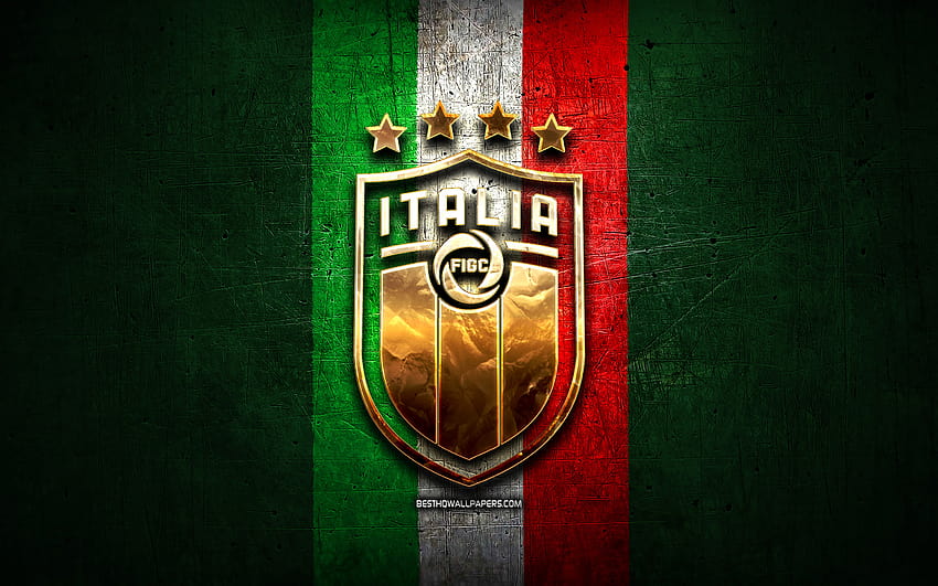 Italy National Football Team, golden logo, Europe, UEFA, green metal background, Italian football team, soccer, FIGC logo, football, Italy with resolution 2880x1800. High Quality, italy logo HD wallpaper