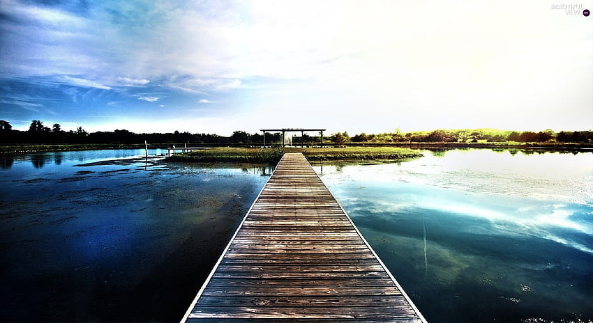 Островче, езеро, пешеходен мост HD тапет