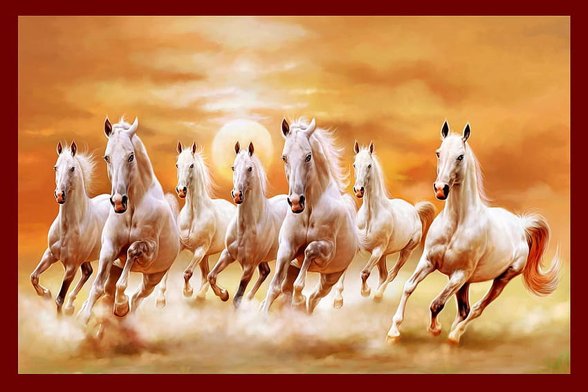 ม้าขาว 7 ตัวกำลังวาดจิตรกรรมฝาผนังอันกว้างใหญ่ ฉันมีม้าอยู่ด้านหลัง วอลล์เปเปอร์ HD