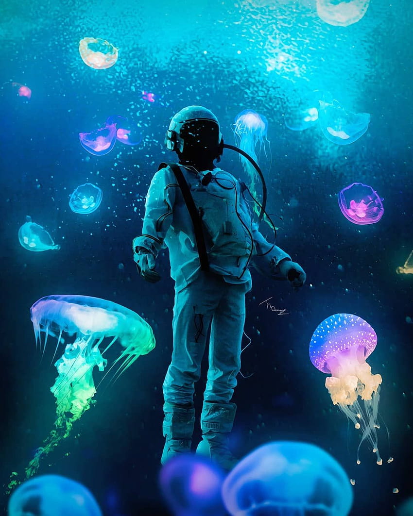 Astronot di bawah air, ubur-ubur astronot wallpaper ponsel HD