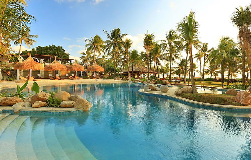 the sun, palm trees, pool, Indonesia, resort, Bali, Mandira beach resort, Kuta , section город HD wallpaper