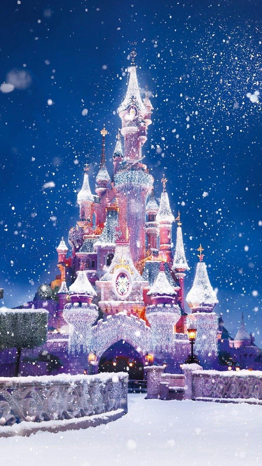 Teléfono de nieve con luces de Navidad del castillo de Disney, teléfono de Navidad de Disney fondo de pantalla del teléfono