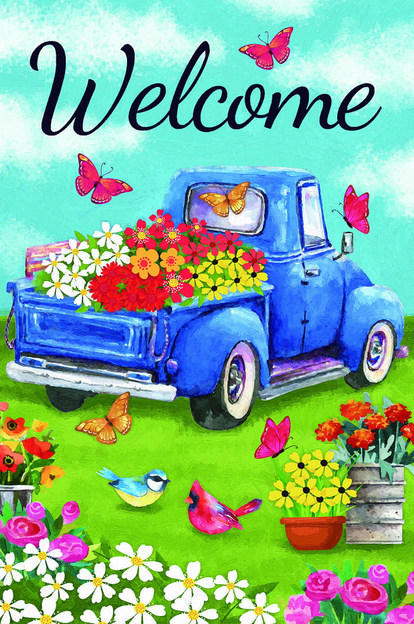Karşılama Mavi Kamyonet, Çiçeklerle Dış Mekan Ev Bayrağı 28, bahar çiçek kamyonu HD telefon duvar kağıdı