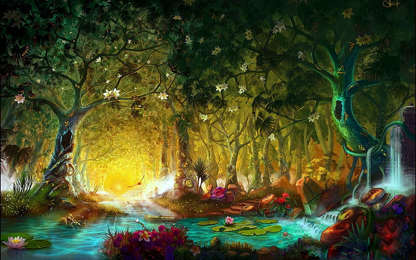 Foresta magica, foresta magica, disegno della foresta, foresta fantasy primaverile Sfondo HD