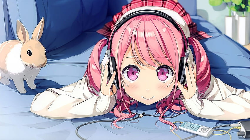 1920x1080 Anime Girl, Headphones, Pink Hair, Lying Down, pink hair ...