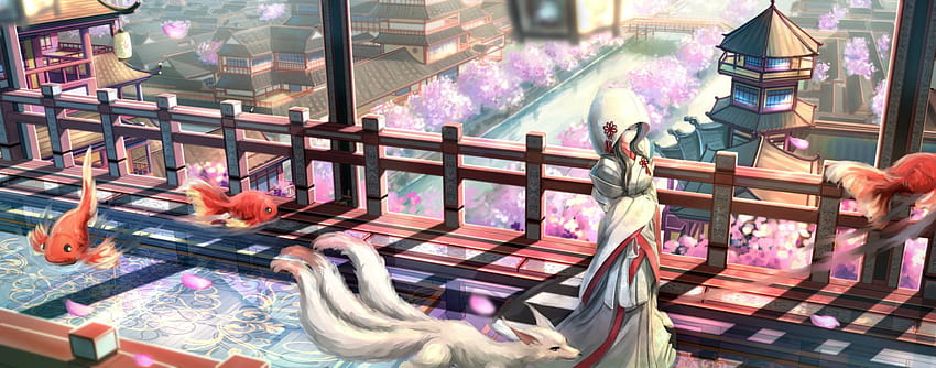 Anime Original Sakura Blossom City Fish Fox Hood Girl, traditional japan anime HD wallpaper
