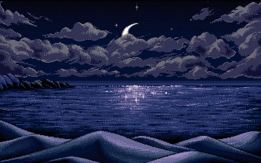 2873211 цифрово изкуство пиксел арт пиксели луна хоризонт синьо, пиксели арт HD тапет