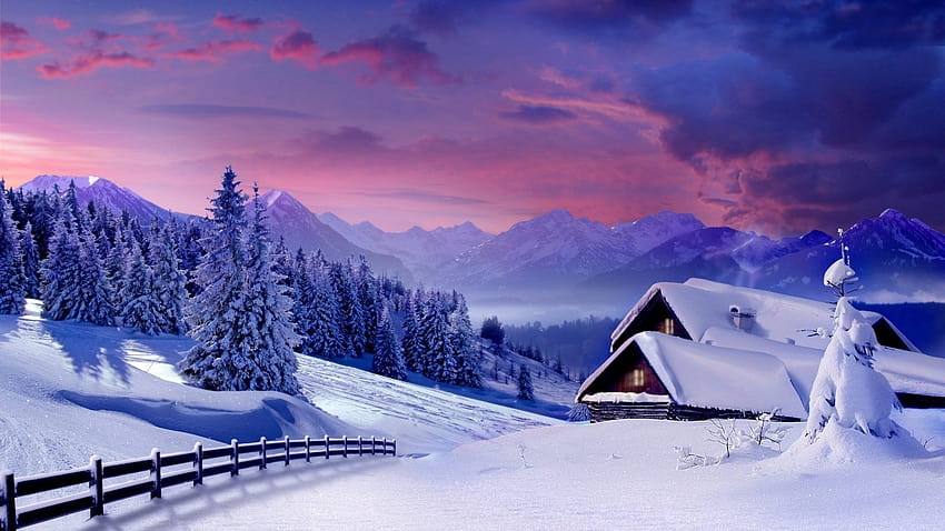 Paesaggio Invernale Montagne Innevate Case Del Villaggio Ricoperte Di Neve Recinto Di Legno Foresta Con Alberi Di Natale 3840x2400 : 13, montagne Di Natale Sfondo HD