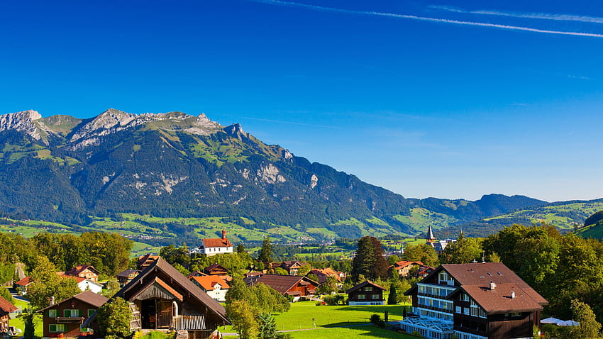 Alpi svizzere, estate, villaggio, montagne, Svizzera con risoluzione 5120x2880. Alta qualità, estate 5120x2880 Sfondo HD