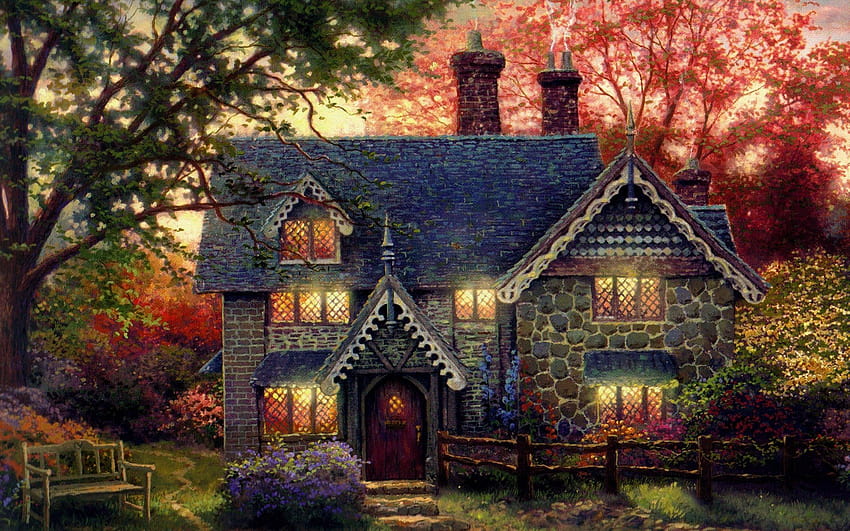 4 Thomas Kinkade Fall, autumn house HD wallpaper