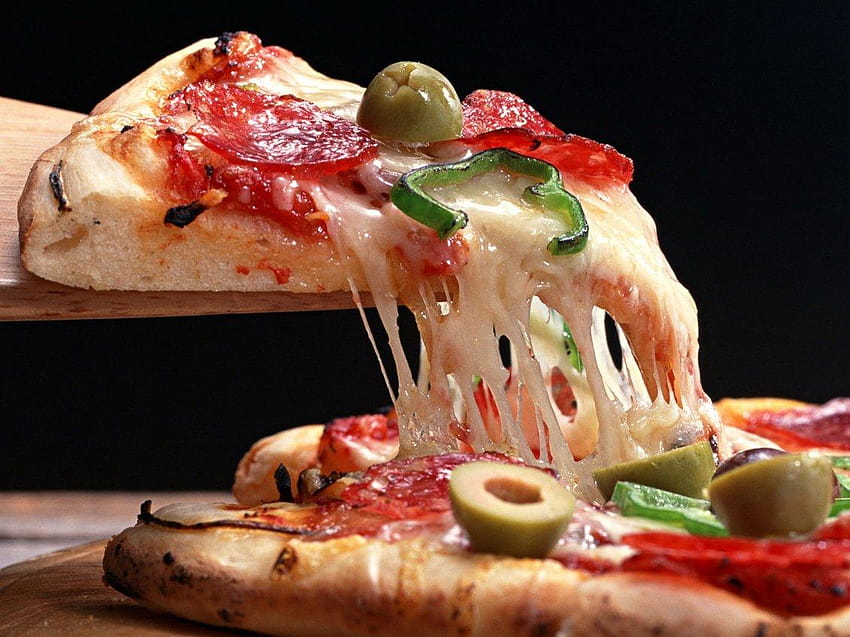 Hot cheese stretches slice of pizza, italian food HD wallpaper