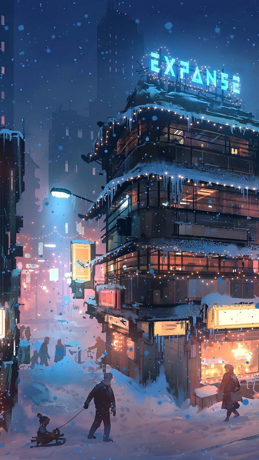 Ponsel seni digital musim dingin kota, salju, orang, telepon anime kota bersalju wallpaper ponsel HD