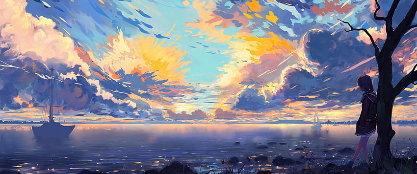 3440x1440 애니메이션 풍경, 바다, 배, 다채로운, 구름, 경치, 나무, 수평선, 트리 애니메이션 HD 월페이퍼