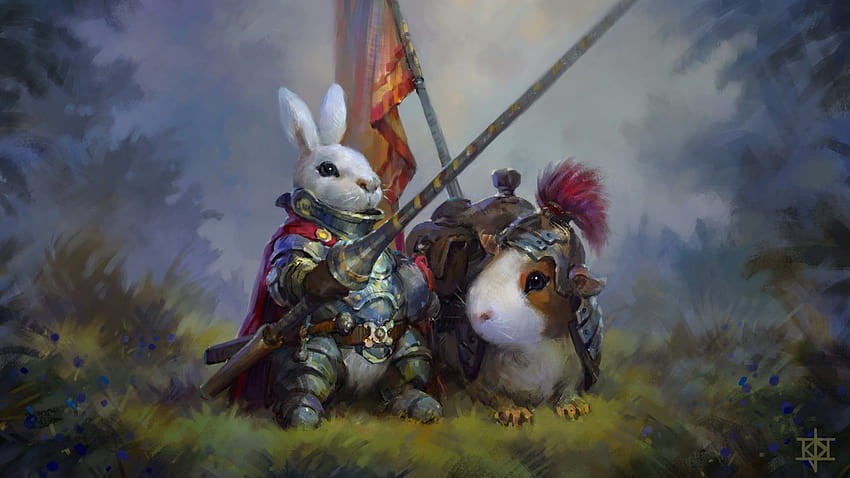 Painting of rabbit and guinea with solder suits, easter guinea pigs HD wallpaper