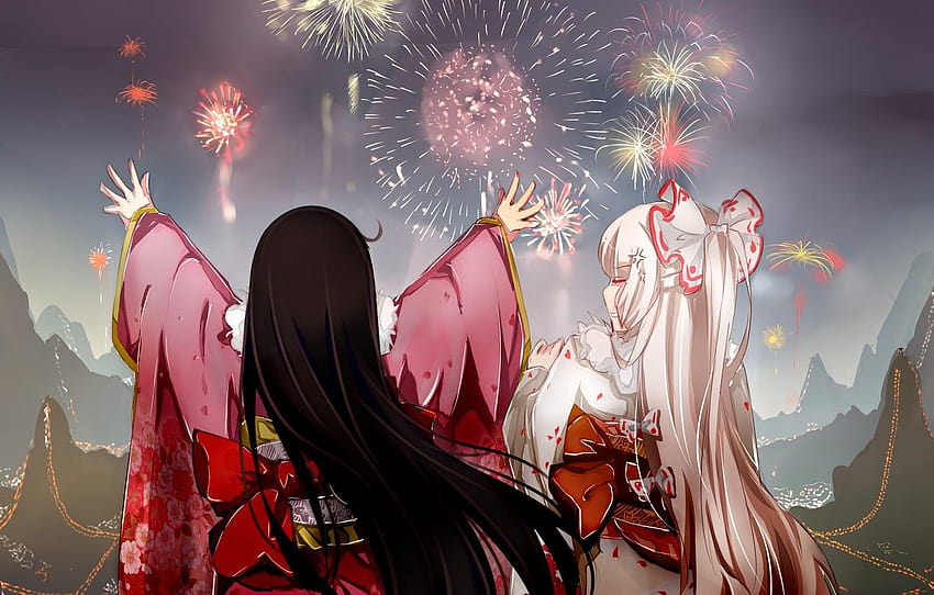 girls, salute, anime, art, fireworks, Touhou, Touhou, anime fireworks HD wallpaper