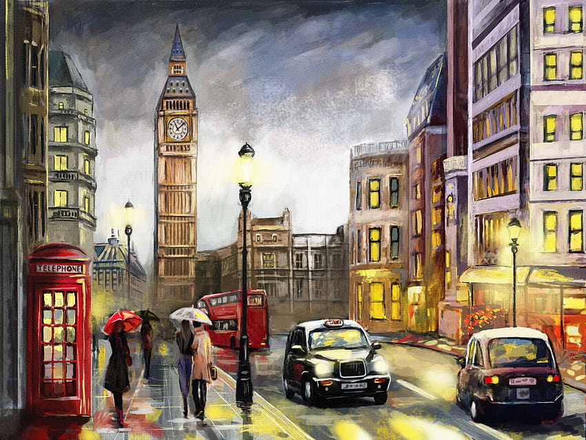Oil Painting on Canvas Street View of London Premium, motorcycle oil paint HD wallpaper