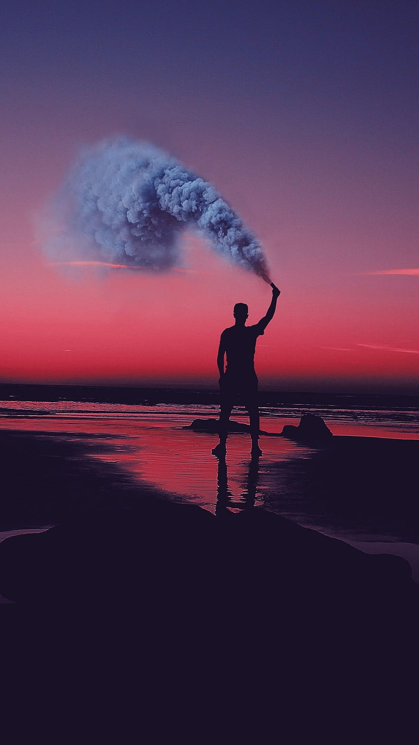 Silhouette , Seashore, Pink sky, Man, Standing, Smoke can, Sunset, Evening sky, graphy, iphone smoke HD phone wallpaper