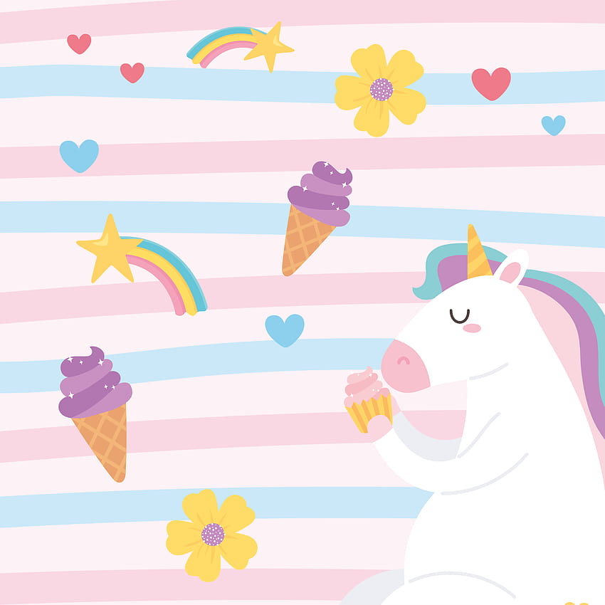 simpatico unicorno magico che mangia cupcake con gelato fiori arcobaleno sfondi cartoni animati animali 2682047 Vector Art at Vecteezy, gelato unicorno Sfondo del telefono HD