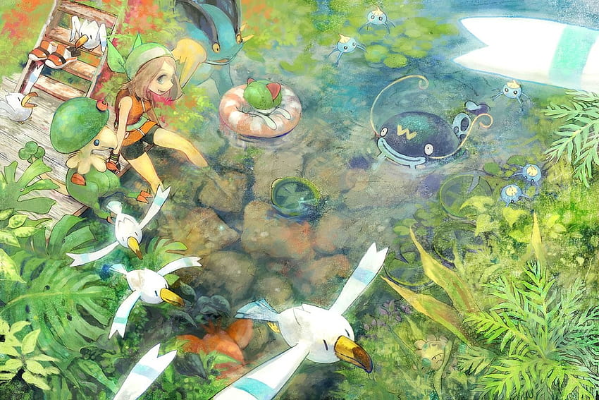 : landscape, anime, pond, jungle, pokemon third generation, May pokemon, biology, flower, screenshot, botany, ecosystem 1200x800, pokemon hoenn HD wallpaper