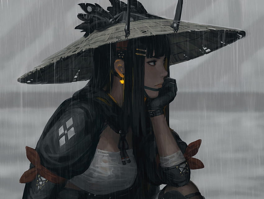 GUWEiZ Samurai Women Warrior Fantasy Girl Fan Art Drawing Artwork ZW Gu Rain Black Hair วอลล์เปเปอร์ HD