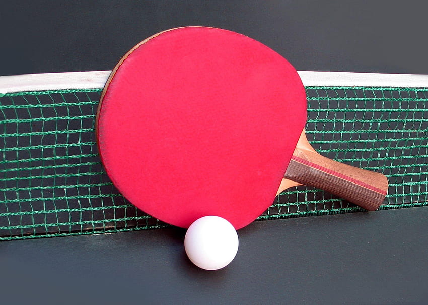 Raqueta roja para tenis de mesa en la red y fondo de pantalla
